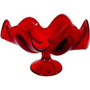 Mid-Century Modern VIKING GLASS Amberina Orange Red Ruffled Edge Pedestal Bowl